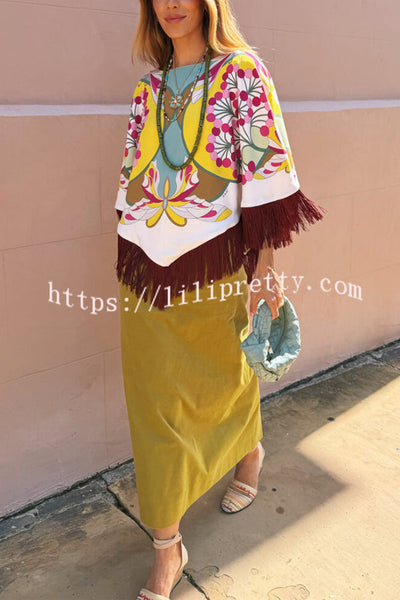 Ethnic-style Floral Pattern Tassel Trim Loose Cape Top
