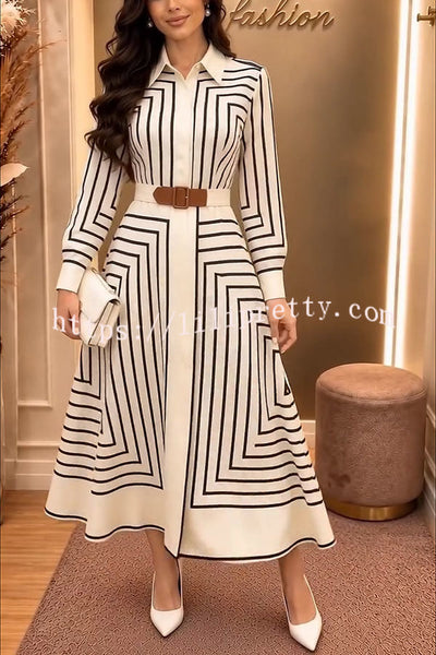 Maderia Geometric Lines print Long Sleeve Belted Shirt Midi Dress