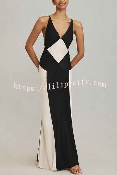 Extreme Elegance Satin Contrast Color V Neck Maxi Dress