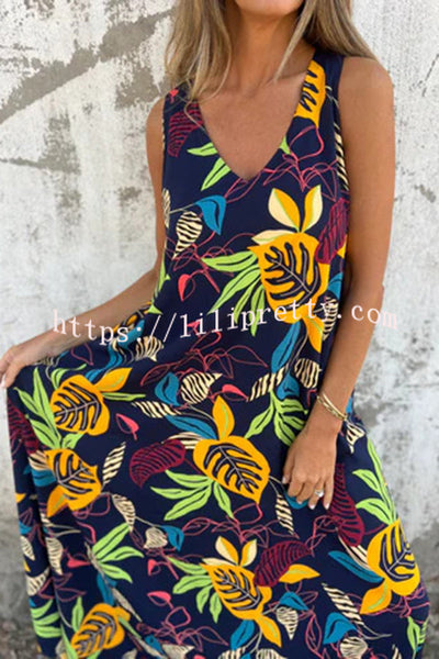 Botanical Print V-Neck Pocket Loose Casual Maxi Dress
