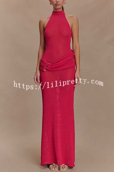 Quiet Confidence Knit Ruched Hip Halter Backless Stretch Maxi Dress