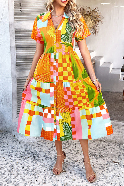 Bohemian Resort Style Print Casual Short Sleeve Button Midi Dress