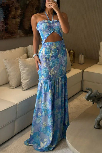 Vivica Floral Smocked Cutout Halter Fishtail Stretch Maxi Dress