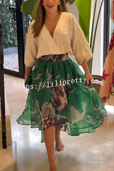 Tessy Batwing Sleeve Top and Floral Elastic Waist Pearls Detail High Low Midi Skirt Set