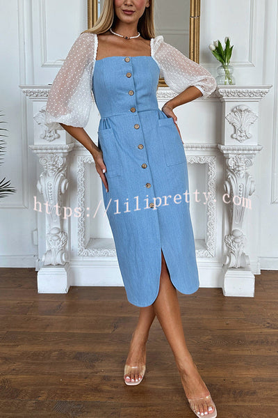 Briena Denim Square Neck Polka Dot Puff Sleeve Button Pocket Midi Dress