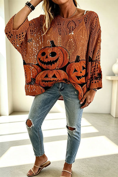 Halloween Pumpkin & Bat Hollow Out Knit Oversized Sweater