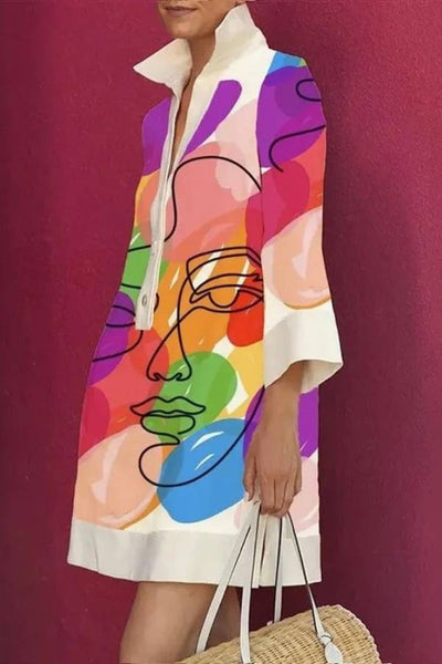 Women's Three-Quarter Sleeves Printed Lapel Shirt Dress