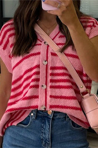 Stylish Striped Loose Sleeveless Button-down Knit Cardigan