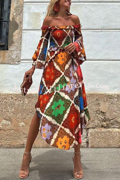 Kiara Colorful Paisley Print Smocked Off Shoulder Bell Sleeve Midi Dress