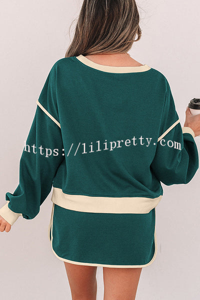 Fashion Round Neck Long Sleeve Spliced Casual Top and Elastic Waist Loose Shorts Set
