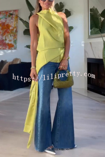 Misty Aura Satin Halter Tie-up Neck Open Back Drape Hem Top