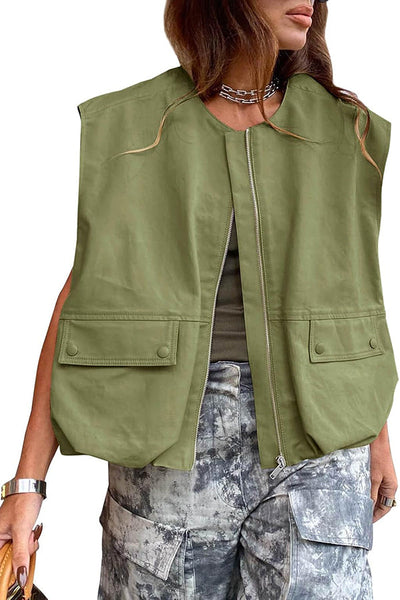 Fashion Zipper Sleeveless Pocket Loose Vest Jacket