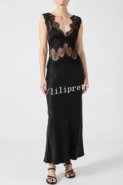 Wonderful Fusion Satin Lace Trim See-through Waist V-neck Drape Maxi Dress