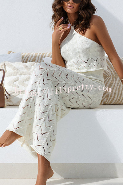 Solid Knit Hollow Halter Top and Stretch Fit Maxi Skirt Set