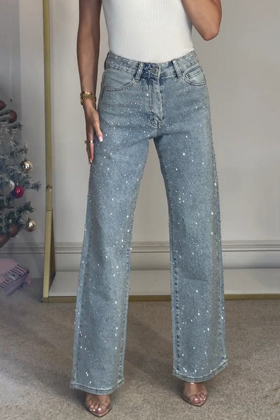 Fashionable Rhinestone High Waist Casual Pocket Straight Jeans