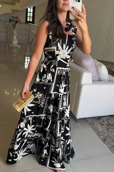 Botanical Print Suspender Tie Back Pleated Holiday Maxi Dress