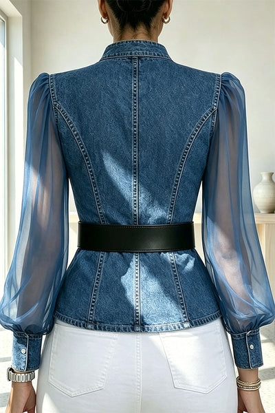 Faux Denim & Sheer Tulle Sculpted Crossover Blouse