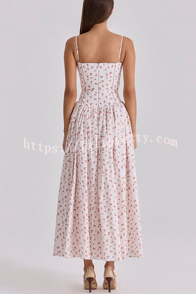 Romantic Countryside Stretch Cotton Blend Floral Print Cutout Trim Slip Midi Dress