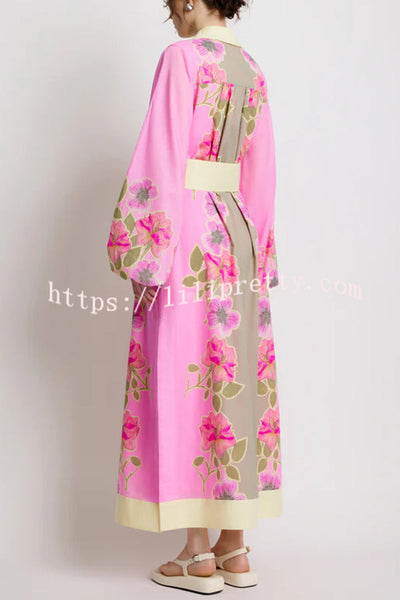 Linen Blend Floral Print Casual Cardigan Lace-up Maxi Dress