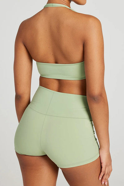Fashionable Sports Yoga Style Halterneck Top and Stretch Slim Shorts Set