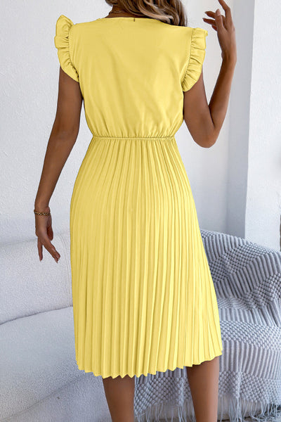 Solid Color V-neck Lace-trimmed Sleeveless Casual Pleated Midi Dress