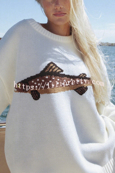 Fashionable Fish Pattern Round Neck Loose Knitted Sweater