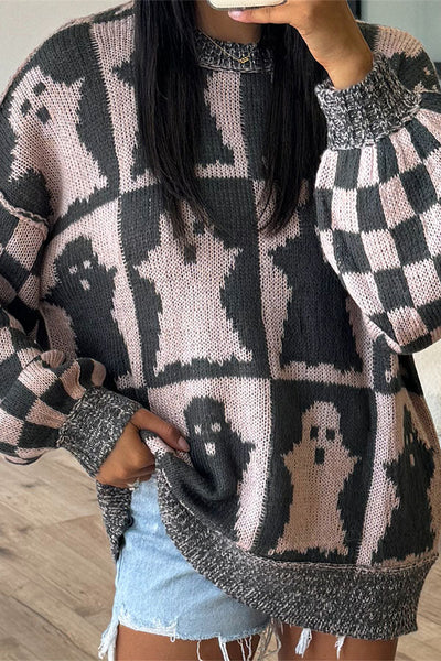 Halloween Ghost & Checkerboard Oversized Knit Sweater