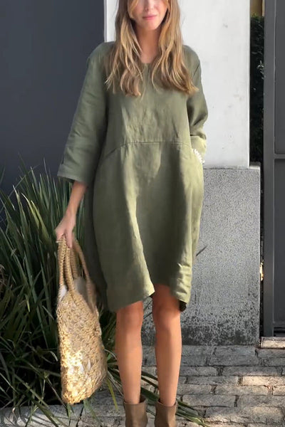 Linen Blend Solid Loose Casual Pocket Mini Dress