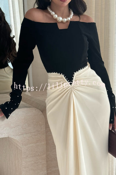 Stylish Pearl-embellished Elegant Off-shoulder Long-sleeved Draped Maxi Dress