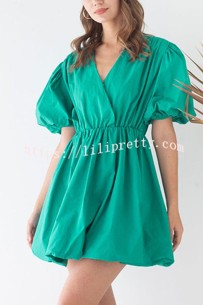 Solid Color Sexy V-neck Lantern Sleeve Waist Mini Dress