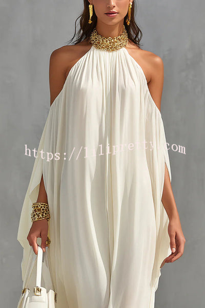 Fashionable Chiffon Metal Halter Neck Off-shoulder Elegant Loose-fitting Holiday Maxi Dress