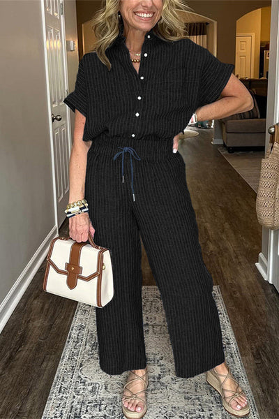 Fashion Striped Print Lapel Short-sleeved Shirt and Elastic Waist Pocket Casual Pants Set