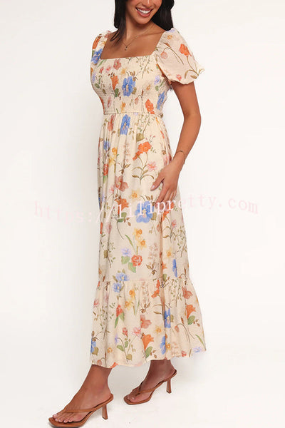 Dreamy Floral Print Square Neck Puff Sleeve Smocked Maxi Dress