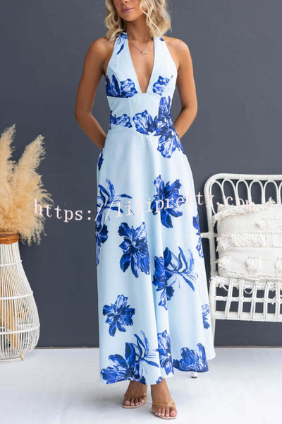 Floral Print V-neck Backless Tie-up Fitted Waist Elegant Maxi Dress