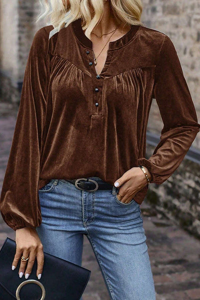 Solid Color Velvet V-neck Long-sleeved Loose Button Top