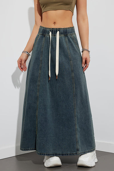 Fashion Elastic Waist Drawstring Casual Pocket Denim Maxi Skirt