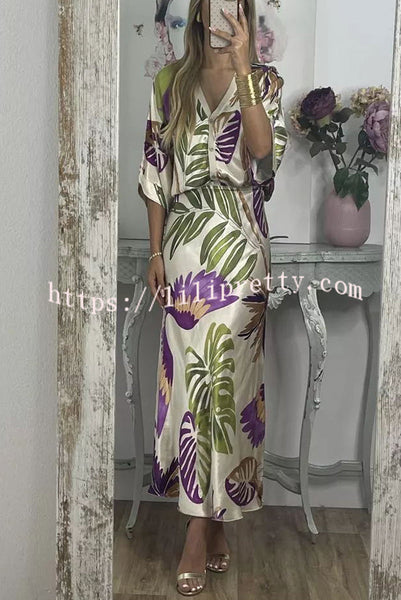 Palm Beach Satin Printed Button Wide Sleeve Shirt and Elastic Waist Maxi Skirt Set
