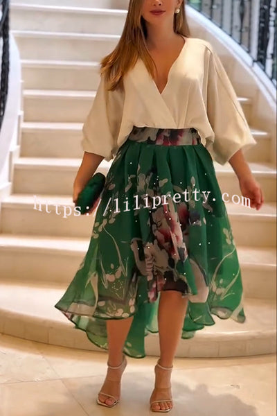 Tessy Batwing Sleeve Top and Floral Elastic Waist Pearls Detail High Low Midi Skirt Set