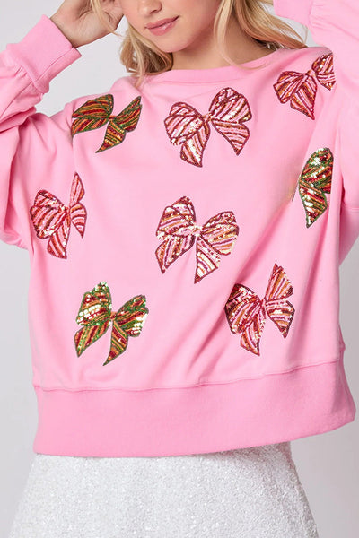 Christmas Bow Sequin Loose Casual Long Sleeve Sweatshirt