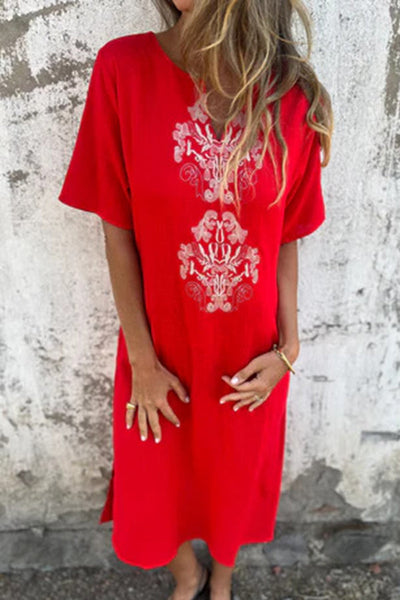 Embroidered Pattern V-neck Short-sleeved Loose Midi Dress