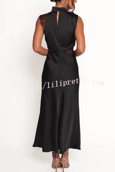 Touch of Allure Satin Drape High Neck Lace Detail Maxi Dress