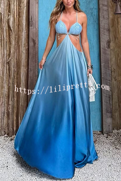 Cleo Sequin Chain Detail Gradient Print Back Tie-up Vacation Maxi Dress