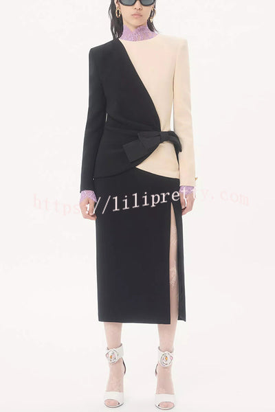 Love Unfolded Contrast Color Side Bow Tie-up Long Sleeve Slit Midi Dress
