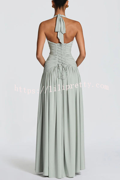 Amaris Halter Tie-up V-neck Ruched Detail Back Lace-up Slit Drape Maxi Dress