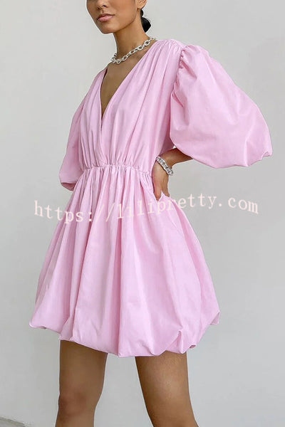 Solid Color Sexy V-neck Lantern Sleeve Waist Mini Dress