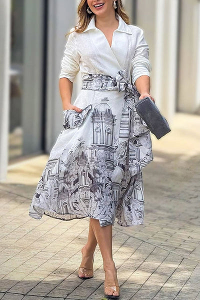 Jiles Linen Blend Unique Contrast Print Long Sleeve Tie-up Pocket Shirt Midi Dress