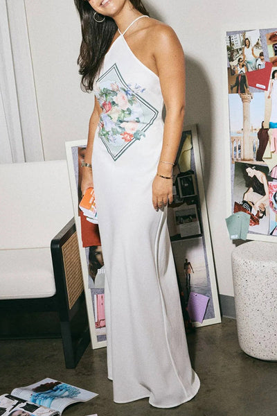 Plant Print Halterneck Sexy Lace-up Backless Slim Maxi Dress