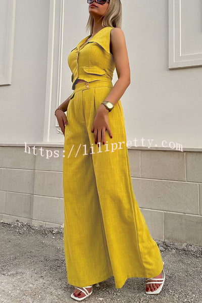 Memorable Crush Linen Blend Patchwork Vest Top and Pocket Wide Leg Pants Set
