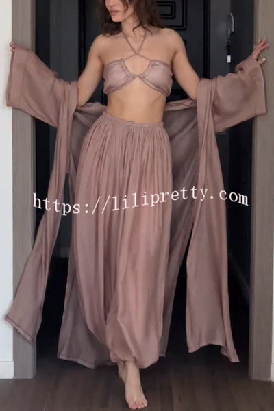 Flowy Linen Blend Halter Tank & Elastic Waist Tie-up Wide Leg Pants & Kimono Cover-Ups 3pieces Set