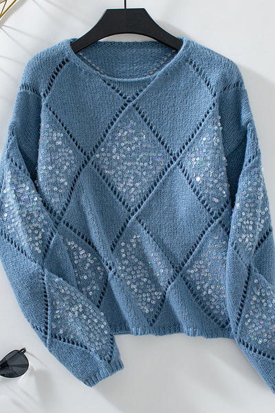 Fashionable Hollow Sequined Loose Rhombus Knitted Sweater